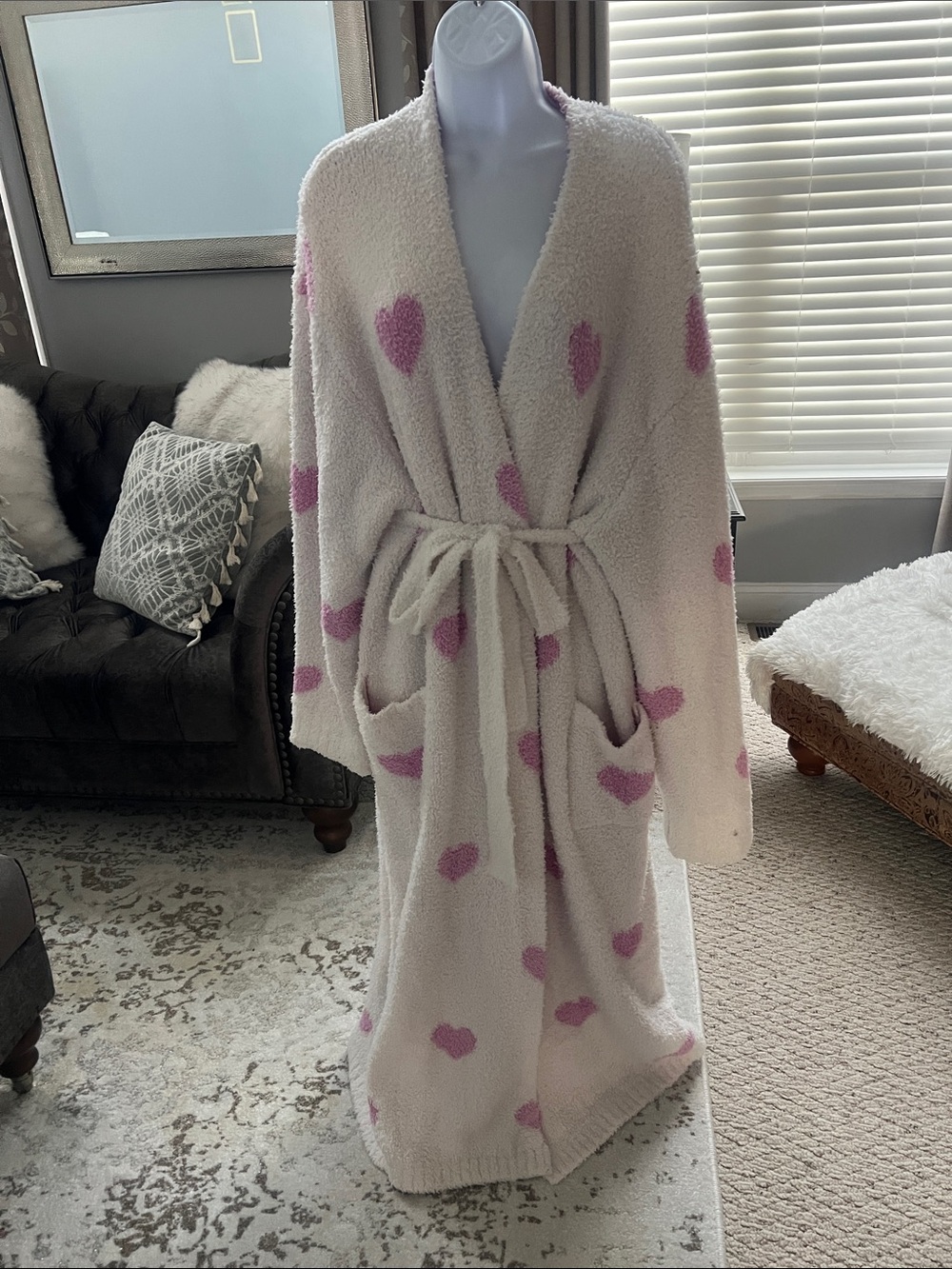 Skims Cozy Heart Plush Robe in Cream with Pink Hearts